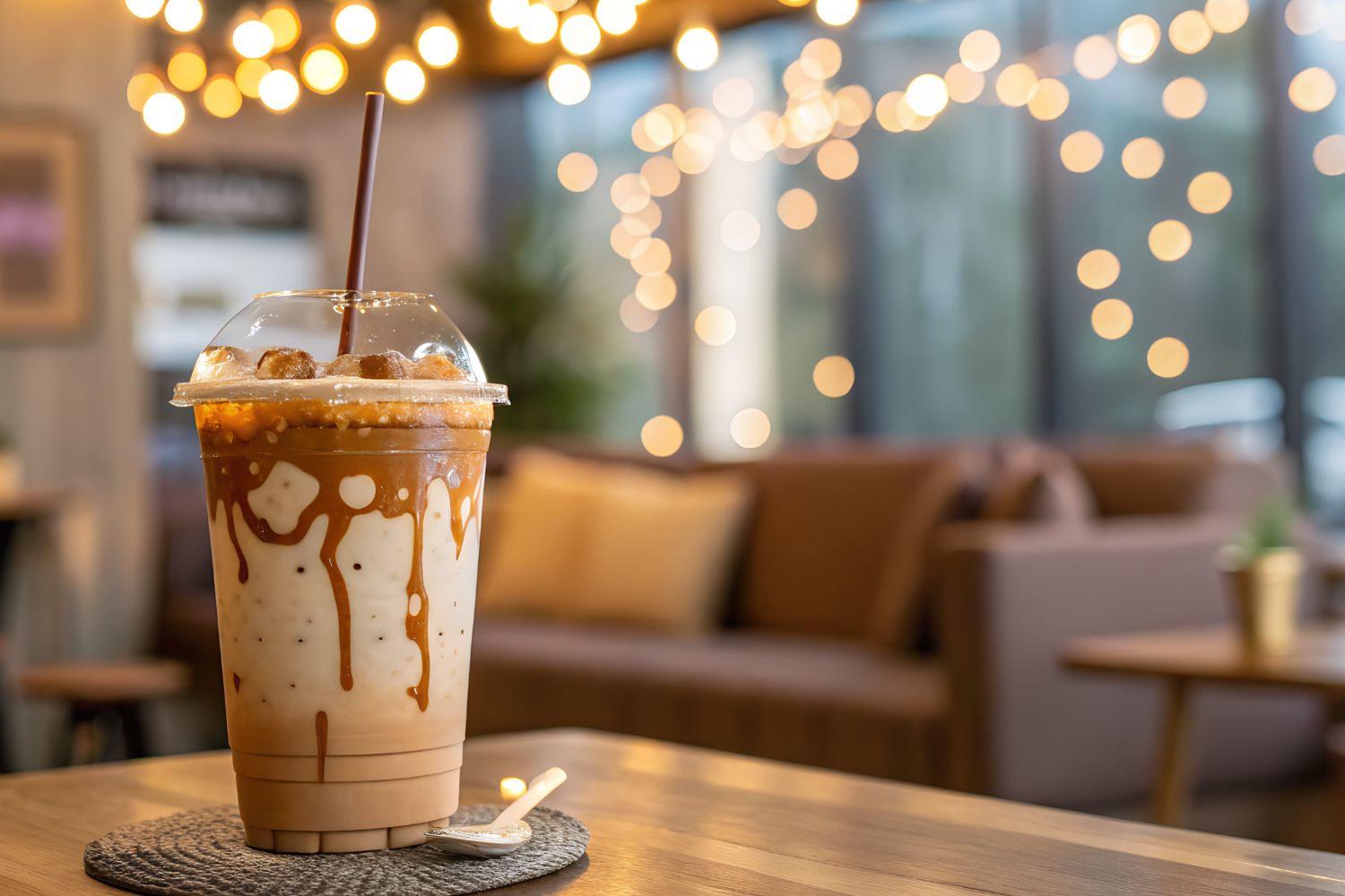 a caramel dripped coffee drink in a plastic cup in warm cafe setting
